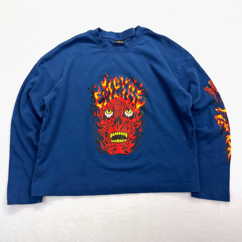 Empyre‎ Blue Flaming Skater Skull Graphic Long Sleeve Cropped Tee Shirt Large